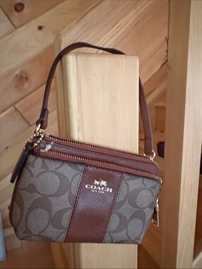 Coach Brown Signature Canvas Clutch with Leather Trim